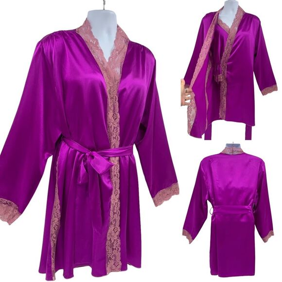 Frederick’s Of Hollywood Satin Lace Robe Matching Cami & Shorts 3 PIECE Sz.XL - Picture 5 of 11